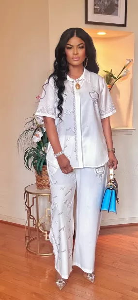 2 PIECE RHINESTONES SHIRT-PALAZZO PANT SET(WHITE)