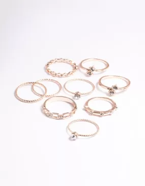 Rose Gold Crystal Chain Ring Pack