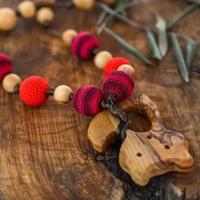 Wooden Nursing Necklace with Crocheted Beads | Fox in Red